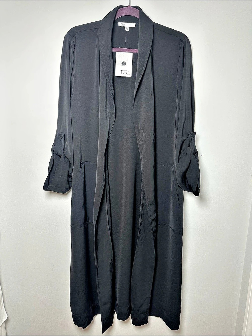 DR2 Black Long Duster Jacket XL Open Front Lightweight Trench Coat NWT